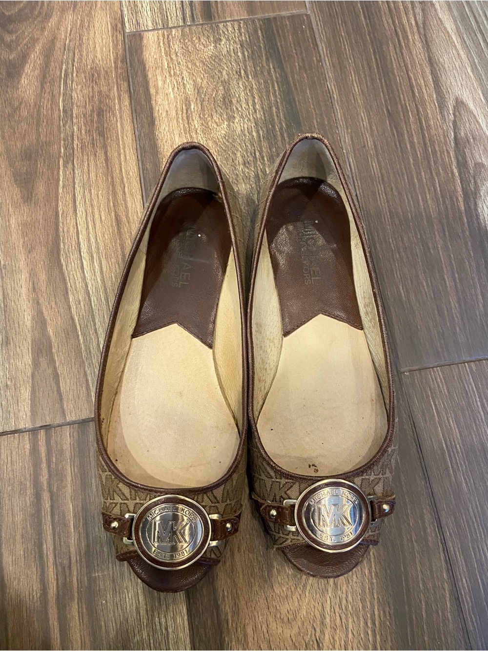 Michael Kors Brown Logo Open-Toe Ballet Flats with Gold Medallion - Picture 2 of 9